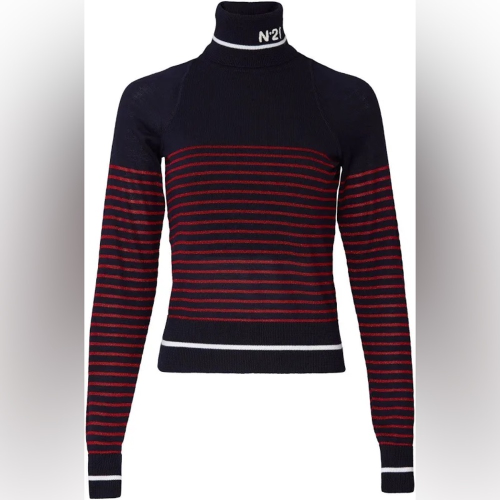 No. 21 Navy Red Metallic Striped Turtleneck 38